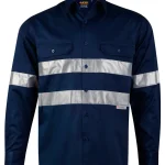 Hi Vis Long Sleeve Cotton Drill Reflective Work Shirt - Navy